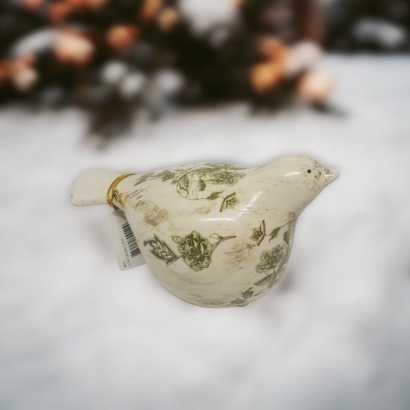 Ceramic Toile Bird Figurine  by Transpac - Cream & Green Floral -  Looking Up - Picture 3 of 7